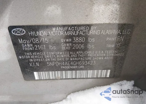 2016 Hyundai Elantra Se z USA, uszkodzony, nr VIN 5NPDH4AE4GH693423